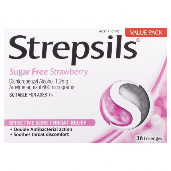 Strepsils Double Action Antibacterial Sore Throat Lozenges Sugar-Free Strawberry Flavour (Pack of 16)