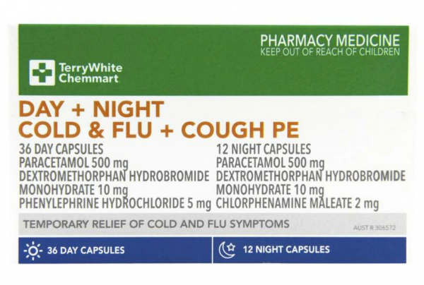 TerryWhite Chemmart Cold & Flu + Cough Relief PE Day & Night Capsules (Pack of 48)